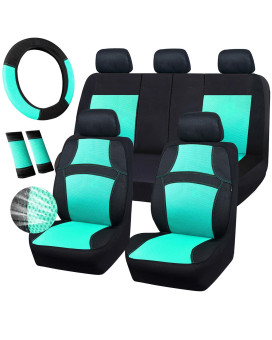 CAR PASS Universal 13PCS 3D Air Mesh-100% Breathable Seat Covers Full SetsSteering Wheel&Belt Cover Airbag and Rear Split Bench Compatiblefor 90% Automotive SUV Truck Cute Women Black Mint