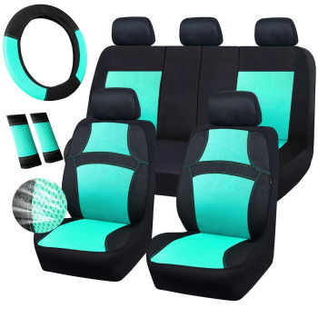 CAR PASS Universal 13PCS 3D Air Mesh-100% Breathable Seat Covers Full SetsSteering Wheel&Belt Cover Airbag and Rear Split Bench Compatiblefor 90% Automotive SUV Truck Cute Women Black Mint