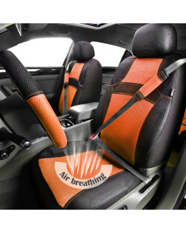 CAR PASS Rainbow Cool Universal Fit Two Front 3D Air Mesh Car Seat Cover with Steering Wheel & Blet Cover-Airbag Compatible (Front Seats only, Black-Orange)