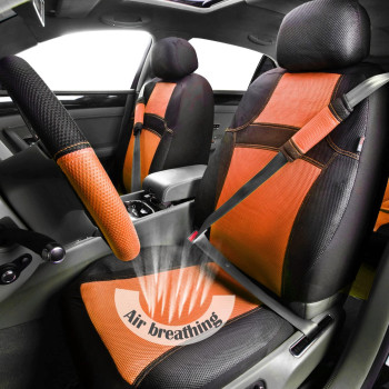 CAR PASS Rainbow Cool Universal Fit Two Front 3D Air Mesh Car Seat Cover with Steering Wheel & Blet Cover-Airbag Compatible (Front Seats only, Black-Orange)