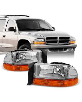 AKKON - Fits 1997-2004 Dodge Dakota 98-03 Durango Chrome Driver Left + Passenger Right Side Headlights +Signal Lamp Pair Set