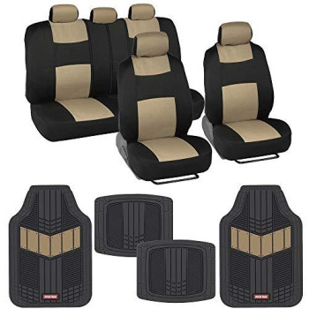 BDK Two-Tone PolyPro Car Seat Covers Full Set with Motor Trend Heavy Duty Rubber Car Floor Mats, Black & Beige  Universal Fit Accessories for Auto Truck Van SUV