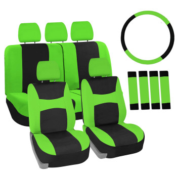 Automotive Seat Covers Green Universal Fit Combo Set with Steering Wheel Cover and Seat Belt Pad fits most Cars, SUVs, and Trucks (Airbag Compatible and Split Bench) FH Group FB030GREEN-COMBO