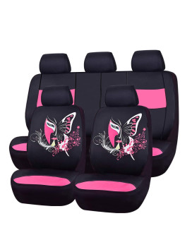 CAR PASS Pink Leather & Gaberdine Butterfly Inspiration Car Seat Covers, Universal Car Seat Covers Full Set with Airbag Compatiable, Fit for Vehicles,Cars,Suvs,Vans (Black and Pink)