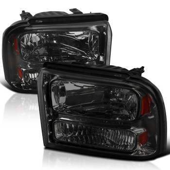 Spec-D Tuning Smoke Lens Headlights Compatible with Ford F250 F350 F450 F550 Super Duty 2005-2007, 2005 Excursion, L+R Pair Head Light Lamp Assembly