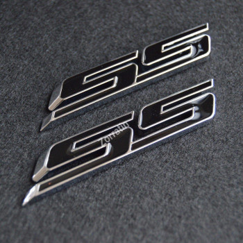 (Set of 2) Slant SS Grill Side Fender Trunk Emblem Badge Decal with Sticker for Chevy IMPALA COBALT Camaro 2010 2011 2012 2013 2014 2015 2016 2017 [black letter with chrome trim]