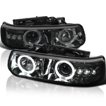 Spec-D Tuning Smoke Halo LED Projector Headlights Compatible with 1999-2002 Chevy Silverado, 2000-2006 Chevy Suburban, 2000-2006 Chevy Tahoe Left + Right Pair Headlamps Assembly