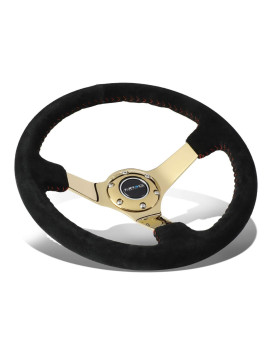 NRG Innovations NRG-RST-036GD-S Reinforced Steering Wheel - 350mm Sport Steering Wheel (3' deep) Black Suede with Red Baseball Stitching - Chrome Gold Spoke