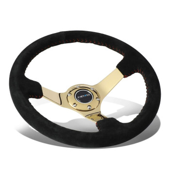 NRG Innovations NRG-RST-036GD-S Reinforced Steering Wheel - 350mm Sport Steering Wheel (3' deep) Black Suede with Red Baseball Stitching - Chrome Gold Spoke