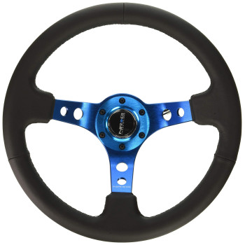 NRG Innovations NRG-RST-006BL Reinforced Steering Wheel - 350mm Sport Steering Wheel (3 Deep) - Blue Spoke w/Round holes/Black Leather