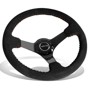 NRG Innovations RST-036BK-S Race Style 350mm Sport Steering Wheel (3' deep) Black Suede with Red Baseball Stitching Black spoke