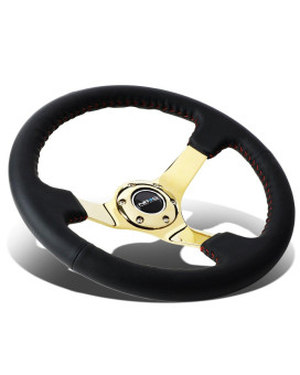 NRG Innovations RST-036GD Reinforced Steering Wheel ((3 Deep, 4mm) 350mm Sport wheel - Black Leather, Red Baseball Stitch, Gold spoke)