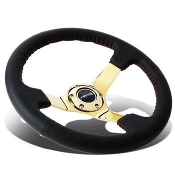 NRG Innovations RST-036GD Reinforced Steering Wheel ((3 Deep, 4mm) 350mm Sport wheel - Black Leather, Red Baseball Stitch, Gold spoke)