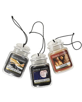 Yankee Candle Car Air Fresheners, Hanging Car Jar Ultimate 3-Pack, Neutralizes Odors Up To 30 Days, Includes: 1 Leather, 1 Midsummer's Night, and 1 New Car Scent