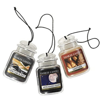 Yankee Candle Car Air Fresheners, Hanging Car Jar Ultimate 3-Pack, Neutralizes Odors Up To 30 Days, Includes: 1 Leather, 1 Midsummer's Night, and 1 New Car Scent