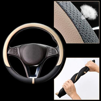 COFIT Breathable Steering Wheel Cover Microfiber Leather with Center Mark Design Universal Medium Size 14 1/2-15 Inch Beige and Black