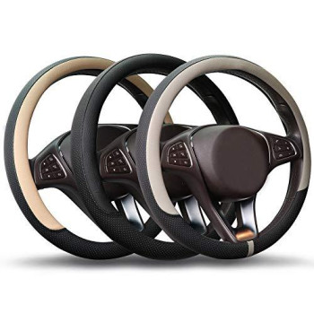 COFIT Breathable Steering Wheel Cover Microfiber Leather with Center Mark Design Universal Medium Size 14 1/2-15 Inch Beige and Black