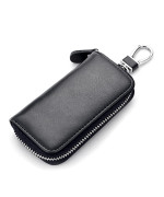 WESTONETEK Unisex Mens Womens Premium Leather Car Key Holder Bag Keychain Case Wallet with 6 Hooks Zipper Closure, Black