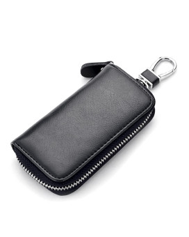 WESTONETEK Unisex Mens Womens Premium Leather Car Key Holder Bag Keychain Case Wallet with 6 Hooks Zipper Closure, Black