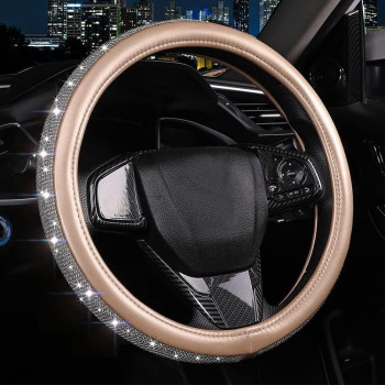 Generic,Bling Diamond Leather Steering Wheel Cover for Women Girls with Crystal Rhinestones, Universal Fit 15 Inch Car Steering Wheel Cover Accessories(Golden)