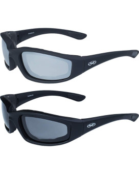 Global Vision Two (2) Pairs Kickback Padded Motorcycle Sunglasses Black Frame Mirror Lens Smoke Lens