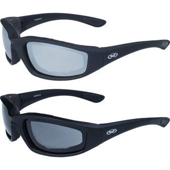 Global Vision Two (2) Pairs Kickback Padded Motorcycle Sunglasses Black Frame Mirror Lens Smoke Lens