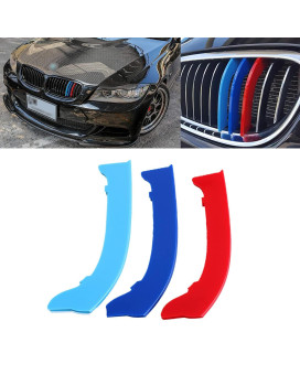 Xotic Tech M-Colored Tri Grille Insert Trims Strips, Front Center Kidney Grilles Compatible with BMW E90 E91 3 Series LCI 325i 328i 330i 335i 2009-2012 (12 Beam Bars)