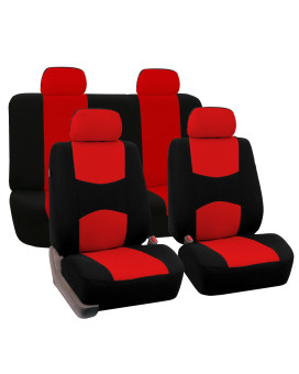 FH Group Bright Flat Cloth Full Set Automotive Seat Covers Front Set and Rear Solid Bench Red Black Seat Covers w. Gift Universal Fit Interior Accessories for Cars Trucks and SUVs