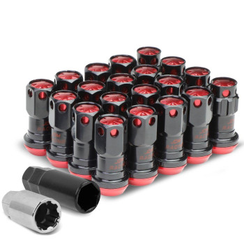 DNA MOTORING LN-ZTL-9016-15-RD 16Pcs M12 x 1.5 Closed End Wheel Lug Nuts + 4Pcs Lock Nuts + Key + Extension Adapter, 22mm OD/45mm Height, Red Accents/Black Body