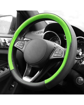 FH Group FH2009 Geometric Chic Genuine Leather Steering Wheel Cover (Green) - Universal Fit for Cars Trucks & SUVs