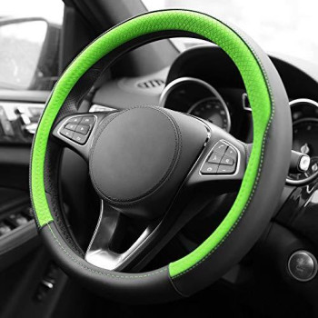 FH Group FH2009 Geometric Chic Genuine Leather Steering Wheel Cover (Green) - Universal Fit for Cars Trucks & SUVs