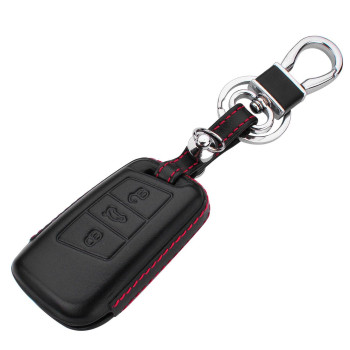 M.JVisun Men Women Genuine Leather Key Fob Cover For Volkswagen Arteon Atlas Golf Alltrack Jetta GLI Passat Taos SEL For Tiguan For Skoda Kodiaq Superb A7 Car Key Case with Key Ring Keychain - Black