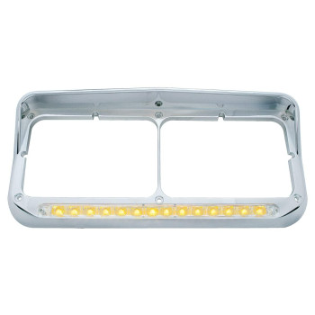 United Pacific 32352 Chrome Rectangular 14 LED Dual Headlight Bezel w/Visor, Chrome Plated, Injection Molded Plastic, LED Light Bar Pre-Installed - Amber LED/Clear Lens - ONE Bezel