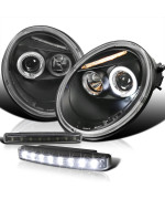 Spec-D Tuning Black Dual Halo Projector Headlight + 8-LED Bumper Fog Lamp Compatible with Volkswagen Beetle Left + Right Pair Headlamps Assembly