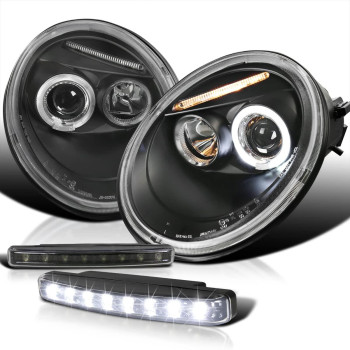 Spec-D Tuning Black Dual Halo Projector Headlight + 8-LED Bumper Fog Lamp Compatible with Volkswagen Beetle Left + Right Pair Headlamps Assembly