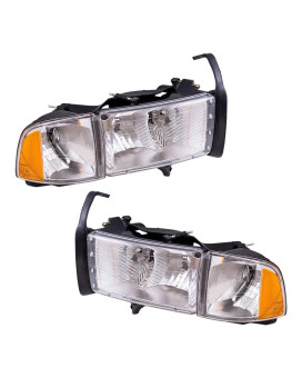 Brock Replacement Set Driver and Passenger Halogen Headlights with Corner Light Compatible with 1999-2002 Pickup Truck w/Sport Package