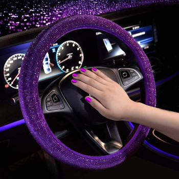 MLOVESIE Purple Bling Bling Car Steering Wheel Cover Soft Velvet Crystal Rhinestones Steering Wheel Protector for Women Universal 15 inch Plush