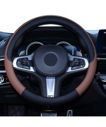SHIAWASENA Car Steering Wheel Cover, Leather, Universal 15 Inch Fit, Anti-Slip & Odor-Free (Black&Brown)