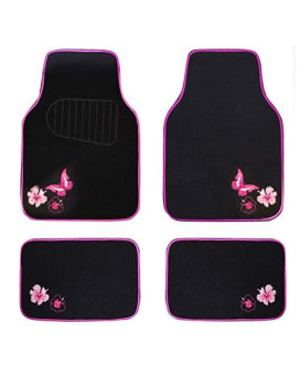 CAR PASS Embroidery Butterfly and Flower Car Floor Mats, Pink Car Floor Mats Universal Fit 95% Automotive,SUVS,Sedan,Vans,for Cute Women,Girly,Set of 4 (Black with Pink)