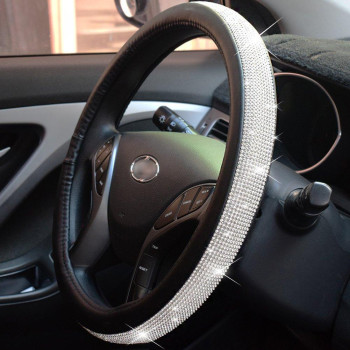 Steering Wheel Cover Bling Bling Rhinestones Crystals Car Handcraft Steering Wheel Covers Leather for Girls Silver