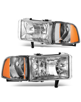 DWVO Headlights Assembly Compatible with 1994-2001 Dodge Ram 1500/1994 1995 1996 1997 1998 1999 2000 2001 2002 Dodge Ram 2500 3500 Replacement Headlamps Chrome Housing Amber Reflector Clear Lens