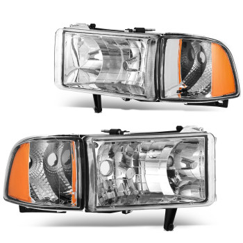 DWVO Headlights Assembly Compatible with 1994-2001 Dodge Ram 1500/1994 1995 1996 1997 1998 1999 2000 2001 2002 Dodge Ram 2500 3500 Replacement Headlamps Chrome Housing Amber Reflector Clear Lens