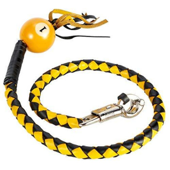 Dream Apparel 42 Leather Motorcycle Get Back Whip for Handlebar Fringed Biker Whip With Pool Ball, Black and Yellow