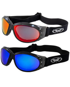 Two Pairs of Global Vision Eliminator Dirt Bike Padded Riding Goggles Black Frames 1 with Red Mirror Lens and 1 with Blue Mirror Lens