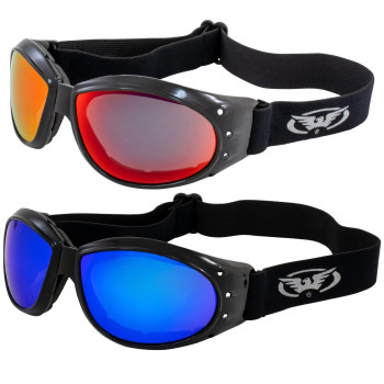 Two Pairs of Global Vision Eliminator Dirt Bike Padded Riding Goggles Black Frames 1 with Red Mirror Lens and 1 with Blue Mirror Lens