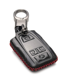 Vitodeco Genuine Leather Key Fob Case Cover Compatible for 2019-2021 GMC Sierra, Canyon, Chevy Silverado 1500, Tahoe, Colorado, Suburban (4-Button, Black/Red)