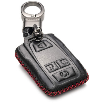 Vitodeco Genuine Leather Key Fob Case Cover Compatible for 2019-2021 GMC Sierra, Canyon, Chevy Silverado 1500, Tahoe, Colorado, Suburban (4-Button, Black/Red)