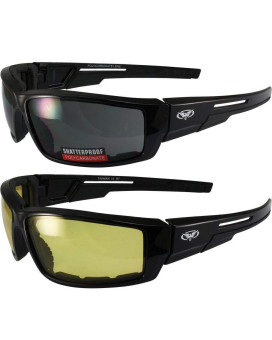 2 Pair of Global Vision Sly Padded Motorcycle Sunglasses Gloss Black Frames 1 Smoke Lens and 1 Yellow Lens