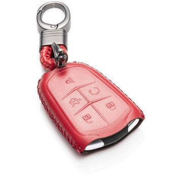 Vitodeco Genuine Leather Smart Key Keyless Remote Entry Fob Case Cover with Key Chain for Cadillac ATS, CT6, CTS, SRX, XT5, XTS (5 Buttons, Red)