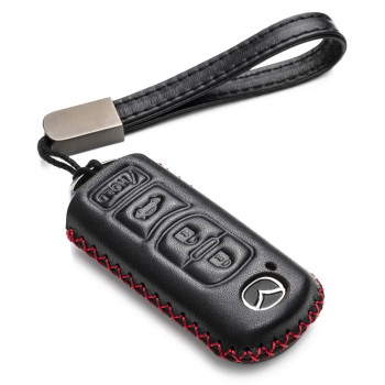 Vitodeco Genuine Leather Smart Key Fob Case Cover Protector Compatible for Mazda 3, 6, CX-5, CX-7, CX-9, MX-5 Miata, Atenza Axela (4 Buttons, Black/Red)